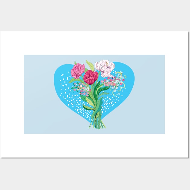 Spring flowers and tulips in blue heart shape Wall Art by IngaDesign